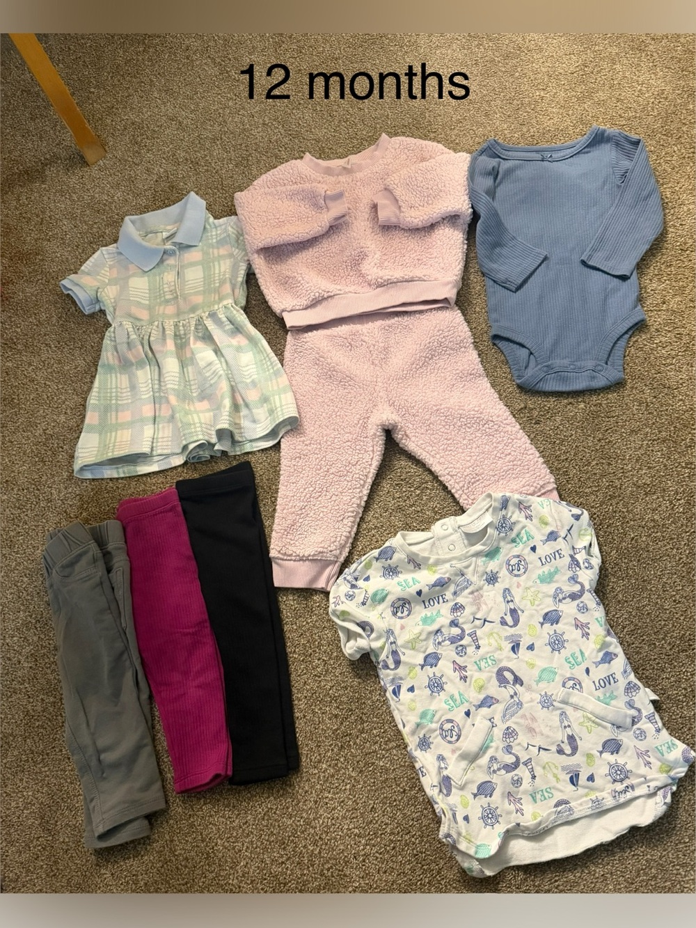 12-Month Girls Pink Sherpa Top & Pants Set with Mixed Tops
